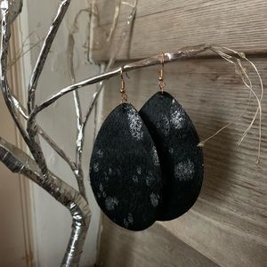 Genuine leather black and silver spotted earrings